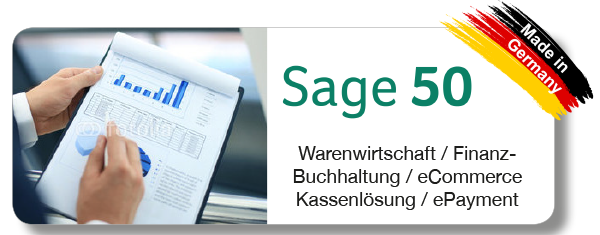 Zur Produktseite Sage50 für Waren- und Lagerwirtschaft / Finanz-Buchhaltung / eCommerce / Kassenlösung / ePayment sowie Lohn-Buchhaltungs-Lösung von Sage Software