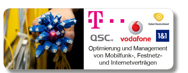 Zur Produktseite für Optimierung und Management von Mobilfunk-, Festnetz- und Internetverträgen der Deutschen Telekom, vodafone, O2, QSC und 1&1