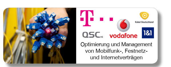 Zur Produktseite für Optimierung und Management von Mobilfunk-, Festnetz- und Internetverträgen der Deutschen Telekom, vodafone, O2, QSC und 1&amp;1