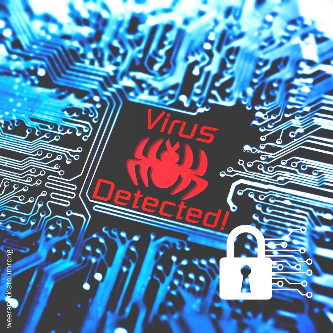 Computer Prozessor mit der Beschriftung Virus detected für Computer Virenentfernung