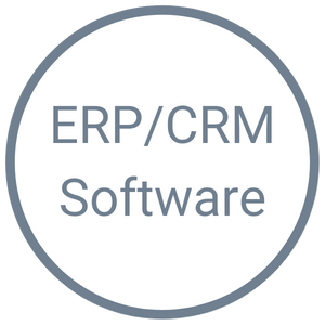 weißer kreisförmiger Button mit grauem Rand mit der Aufschrift ERP / CRM Software