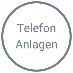 weißer kreisförmiger Button mit grauem Rand mit der Aufschrift Telefonanlagen