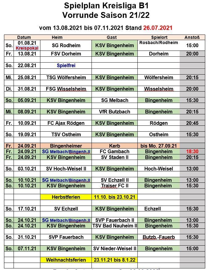 Spielplan 1. Mannschaft | KSV 1928 Bingenheim e.V.