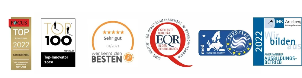 Die Siegel der Klinik Solequelle: "Top-Innovator 2020", "wer kennt den Besten", "Exzellente Qualität in der Rehabilitation" und "Europespa"