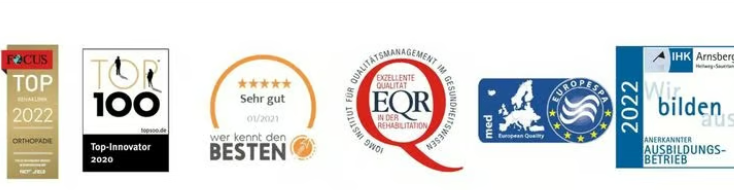 Die Siegel der Klinik Solequelle: "Top-Innovator 2020", "wer kennt den Besten", "Exzellente Qualität in der Rehabilitation" und "Europespa"