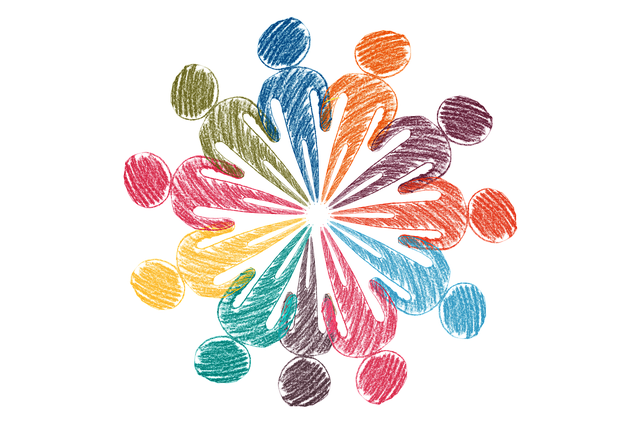 Verschieden farbige Strichmännchen zu einem Kreis geformt als Symbol für Teamwork