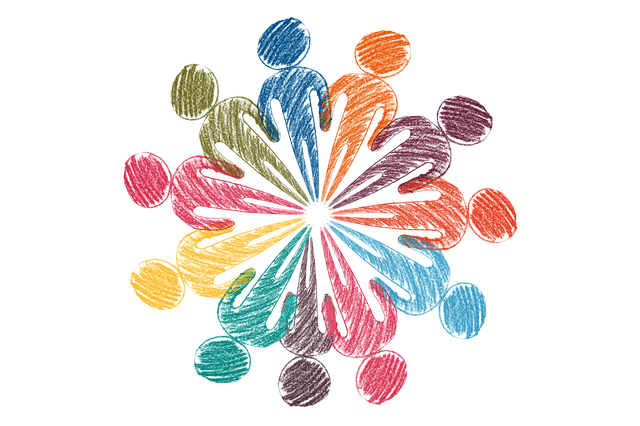 Verschieden farbige Strichmännchen zu einem Kreis geformt als Symbol für Teamwork