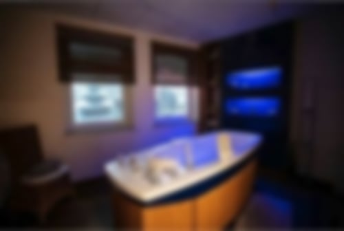 Unsere Wellness-Wanne in der Wellnessabteilung. An den Fenstern sind beleuchtete Bilder zu sehen sowie eine blau angeleuchtete Wand.