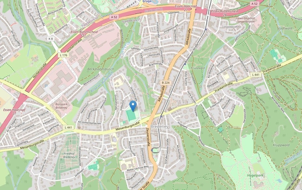 Das Bild zeigt einen Kartenausschnitt, der den Sportpark Bredeney zeigt.