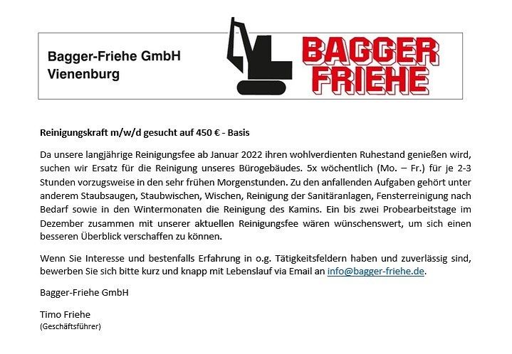 Aktuell | BAGGER-FRIEHE GmbH Vienenburg