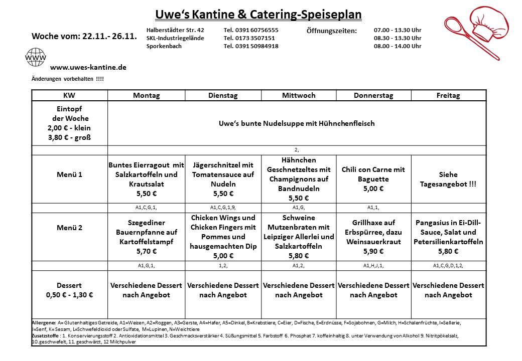 Speisepläne | Uwe's Kantine & Catering