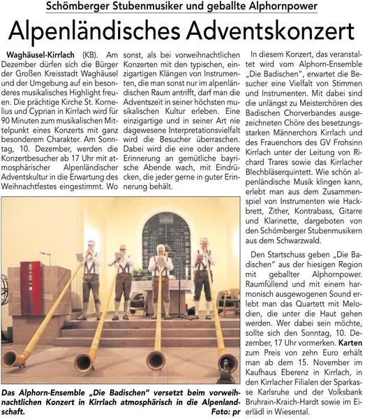 Alpenländisches Adventskonzert in Kirrlach mit der Alphornpower der Badischen