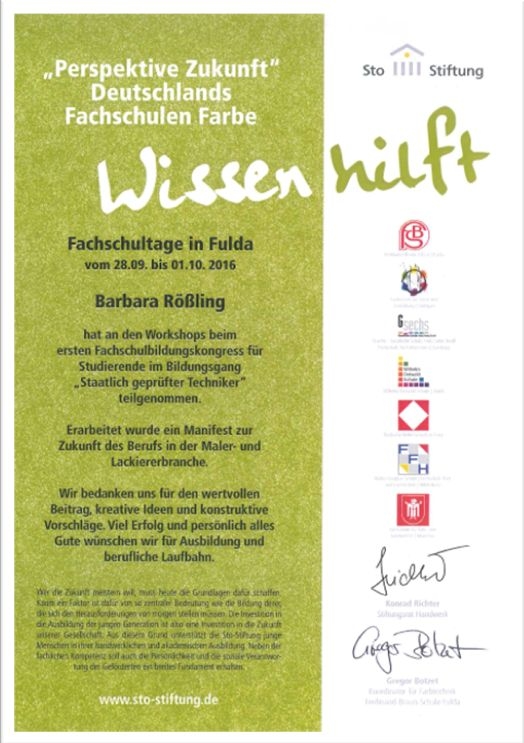 Workshop-Urkunde der Fachtage "Perspektive Zukunft - Staatlich geprüfte Technikerin".