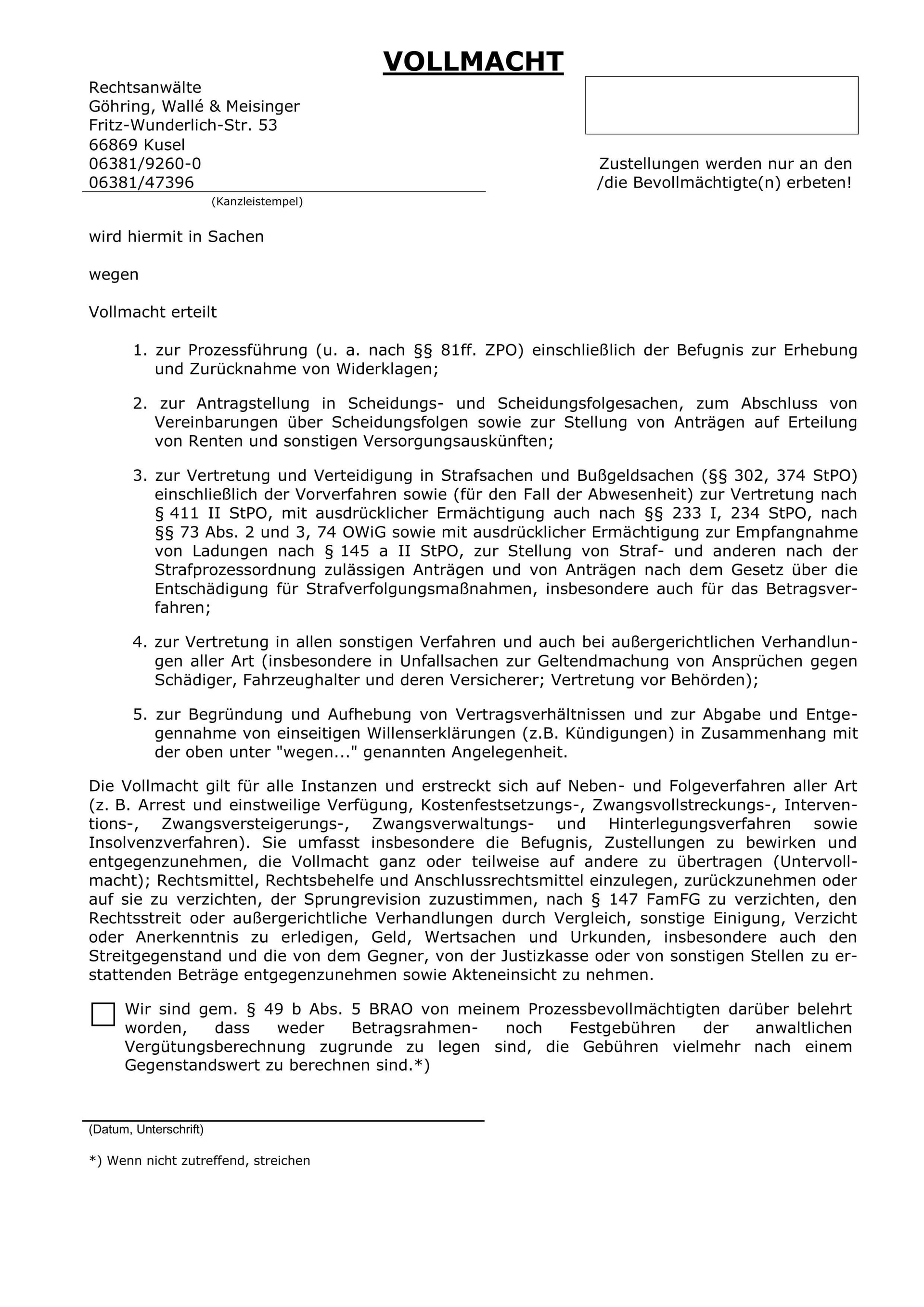 Vollmacht Kanzlei Göhring, Wallé & Meisinger