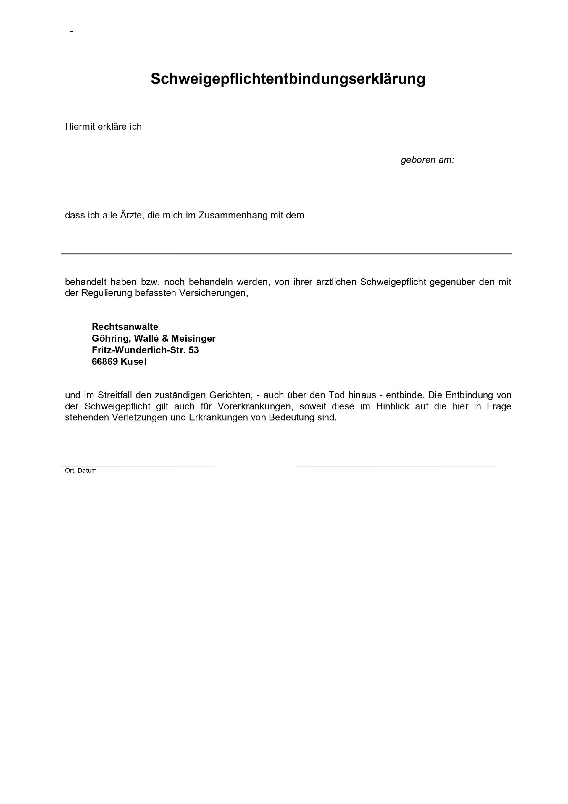 Schweigepflichtsentbindungserklärung Kanzlei Göhring, Wallé & Meisinger