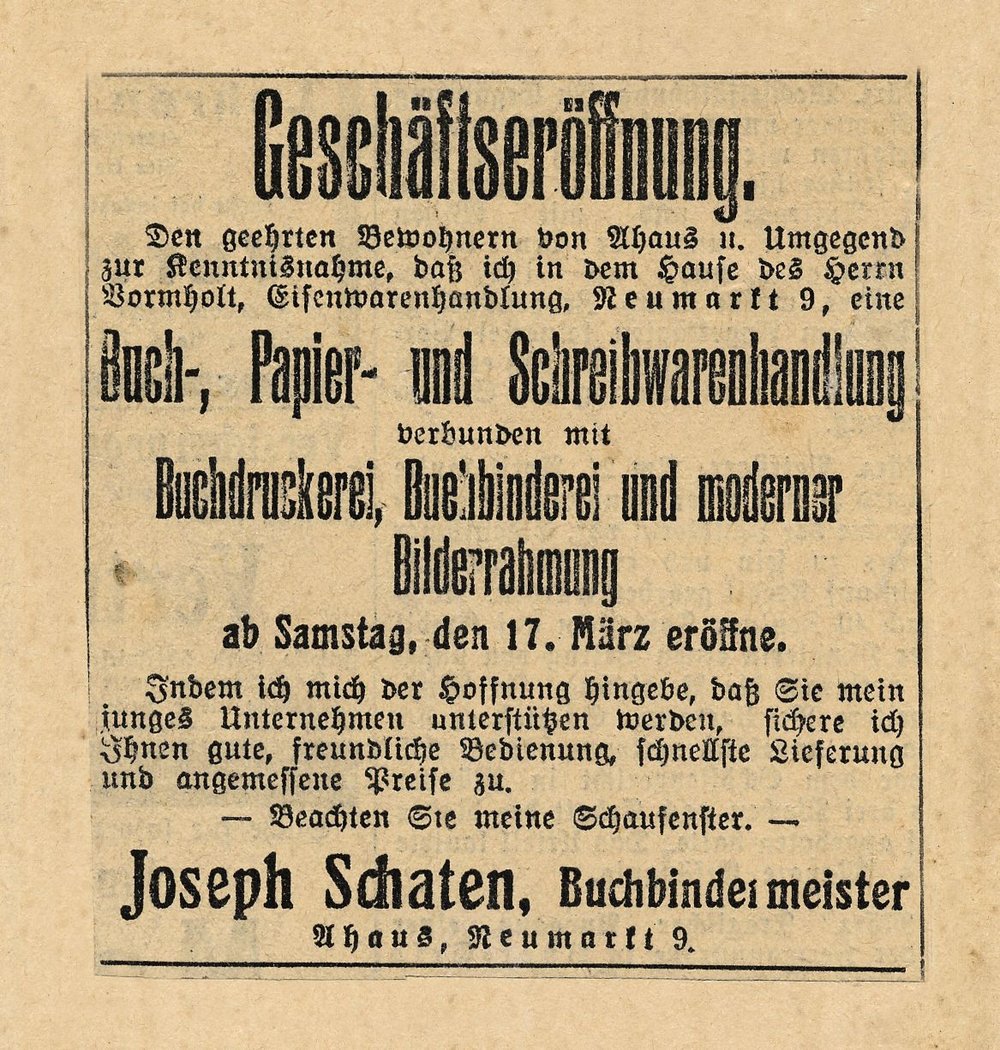 Original Zeitungsanzeige der Geschäftseröffnung der Druckerei Schaten im Jahr 1928