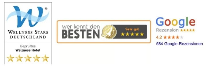 Unsere Siegel: Wellness Stars Deutschland, wer kennt den Besten und Google Rezensionen