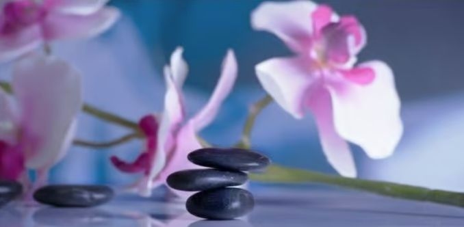 Drei schwarze Steine liegen übereinander, im Hintergrund sind rosa Orchideen zu sehen.