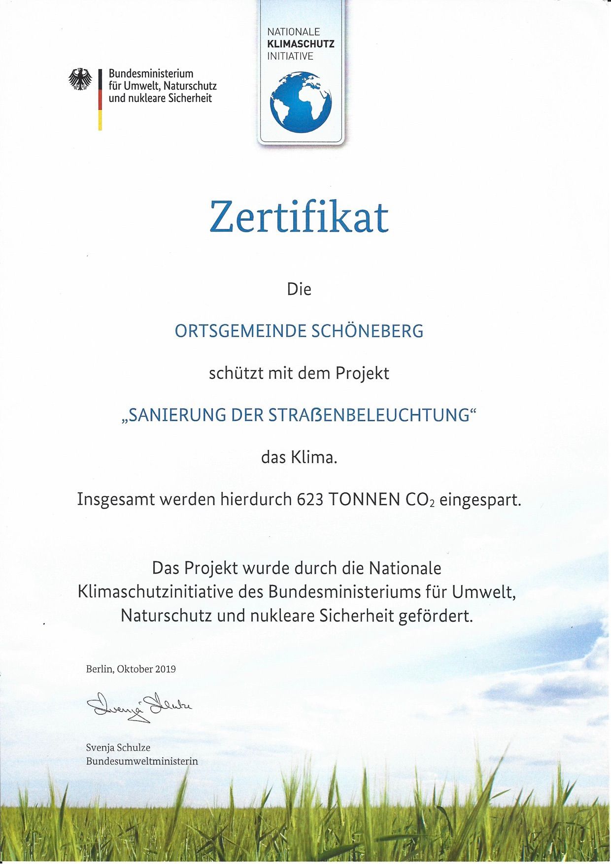 Zertifikat Klimaschutz | Schöneberg am Soonwald