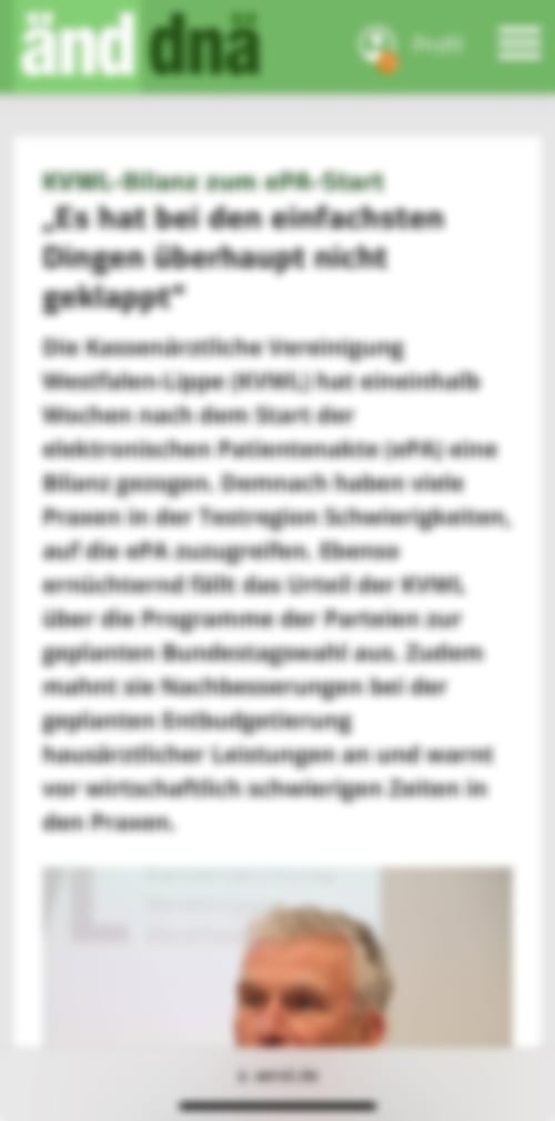 Ist möglicherweise ein Bild von 1 Person und Text „änd dnä Profil KVWL-Bilanz zum ePA-Start „Es hat bei den einfachsten Dingen überhaupt nicht geklappt" Die Kassenärztliche Vereinigung Westfalen-Lippe (KVWL) hat eineinhalb Wochen nach dem Start der elektronischen Patientenakte (ePA) eine Bilanz gezogen. Demnach haben viele Praxen in der Testregion Schwierigkeiten, auf die ePA zuzugreifen. Ebenso ernüchternd fällt das Urteil der KVWL über die Programme der Parteien zur geplanten Bundestagswahl aus. Zudem mahnt sie Nachbesserunger bei der geplanten Entbudgetierung hausärztlicher Leistungen an und warnt vor wirtschaftlich schwierigen Zeiten in den Praxen. Vereinigu Westfak aend.de de“