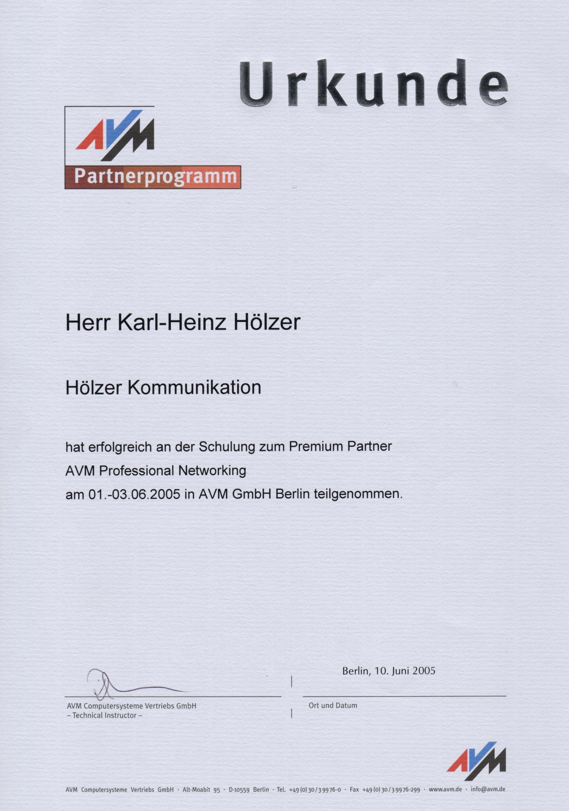 AVM Premium Partner Urkunde, 2005