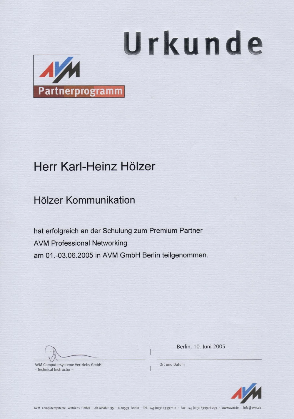 AVM Premium Partner Urkunde, 2005