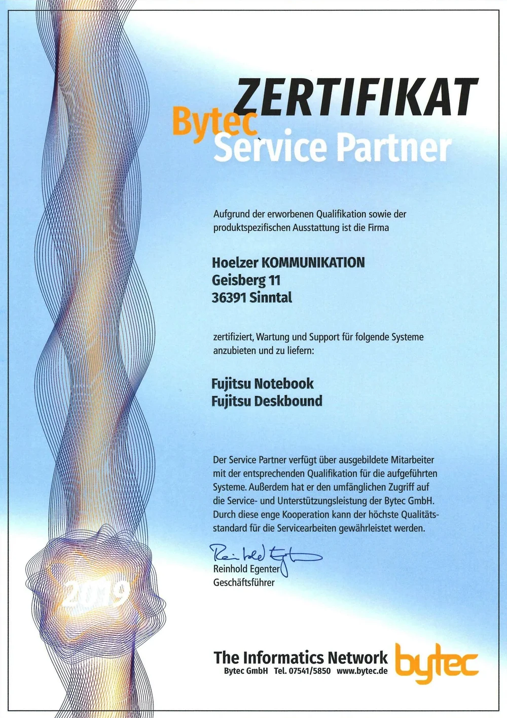 bytec Service Partner Zertifikat, 2019