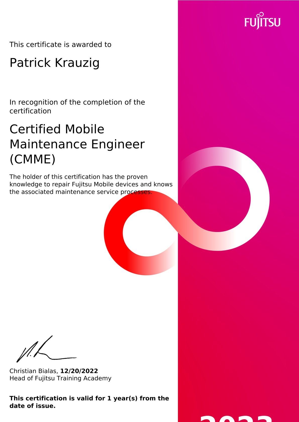FUJITSU Certified Mobile Maintrance Engineer, 2022