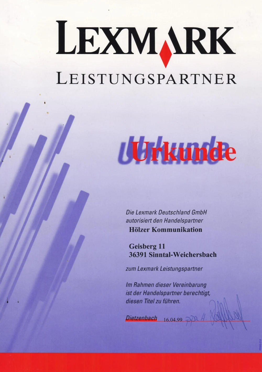 LEXMARK Leitungspartner Urkunde, 1999