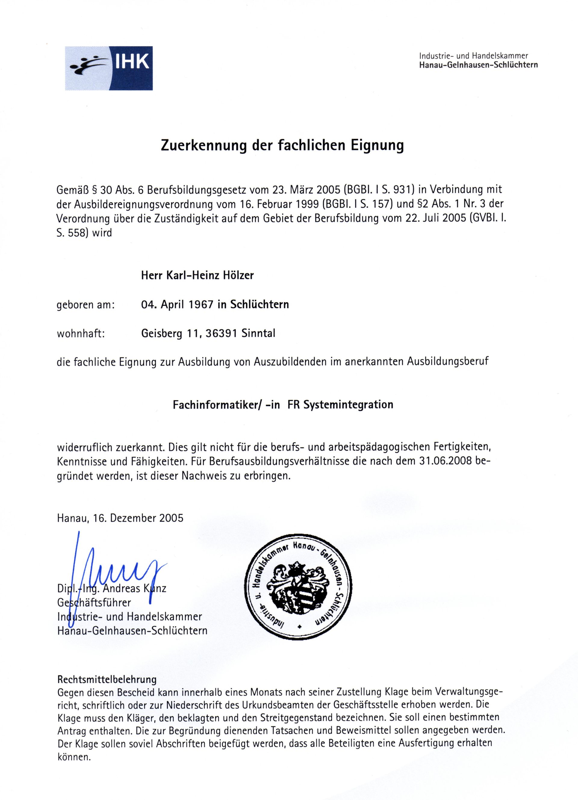 IHK Zuerkennung der fachlichen Eignung, 2005