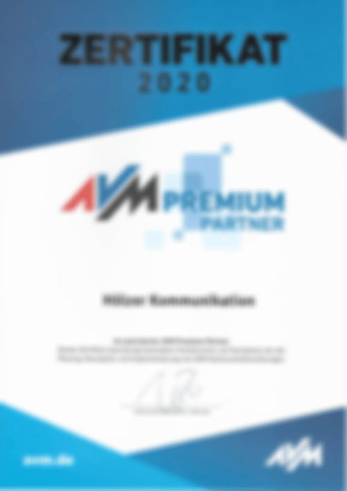 AVM Premium Partner Zertifikat 2020 der Firma Hölzer Kommunikation