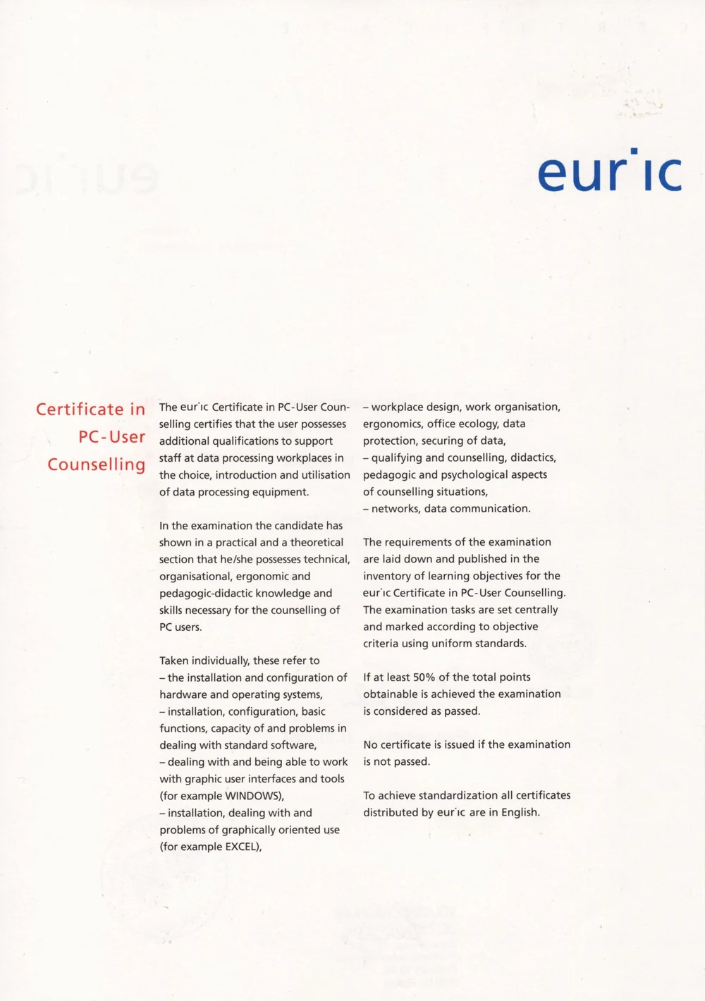 euric Zertifikat in PC User Counselling, 1997