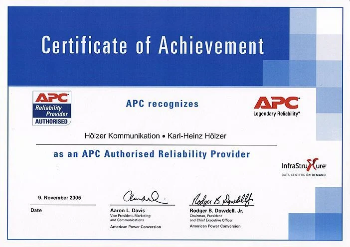 APC-Zuverlässigkeitsanbieter Zertifikat, 2005