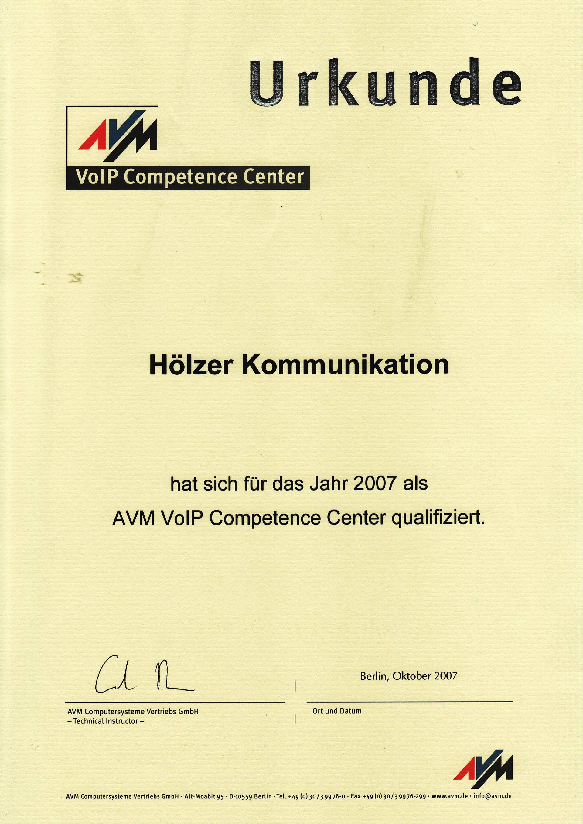 AVM VoIP Competence Center Urkunde, 2007