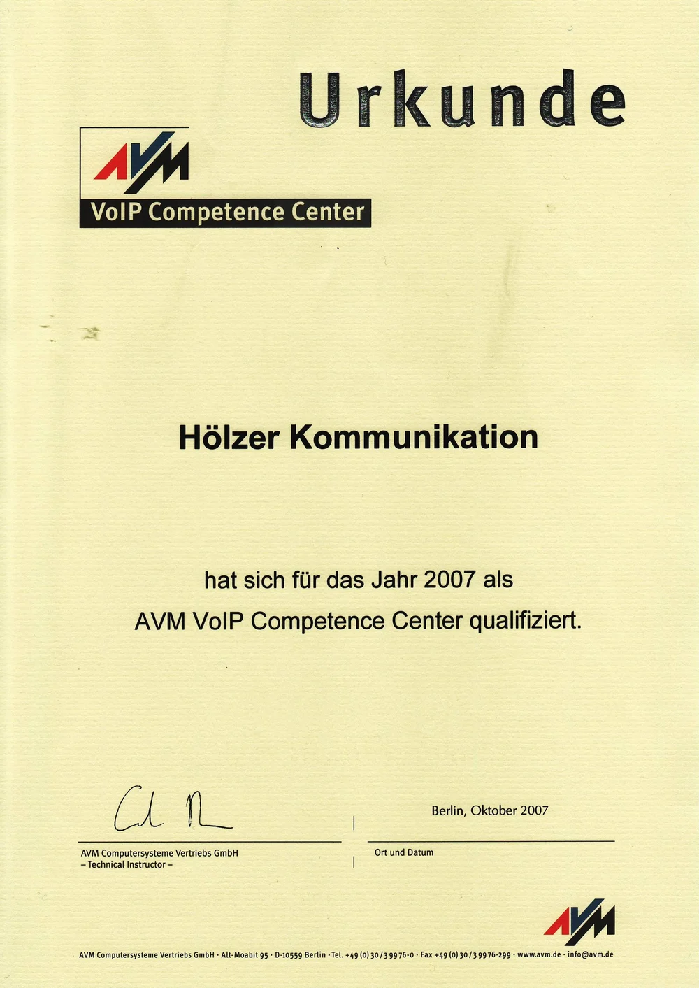 AVM VoIP Competence Center Urkunde, 2007