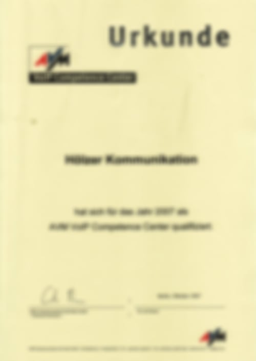 AVM VoIP Competence Center Urkunde 2007 der Firma Hölzer Kommunikation