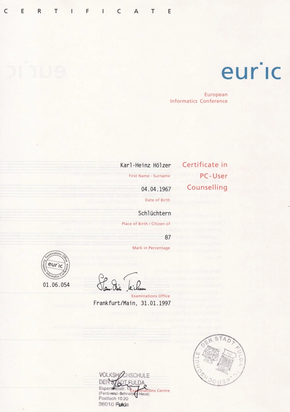 euric Zertifikat in PC User Counselling, 1997