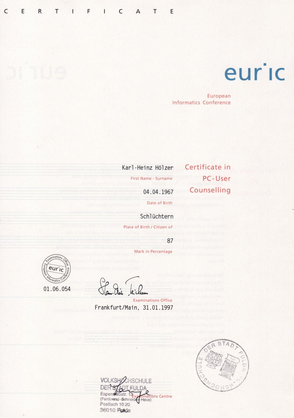 euric Zertifikat in PC User Counselling, 1997