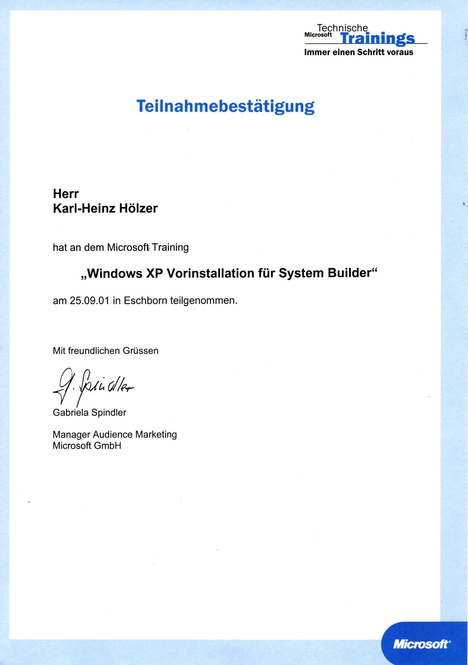 Microsoft Training Teilnahmebestätigung, 2001
