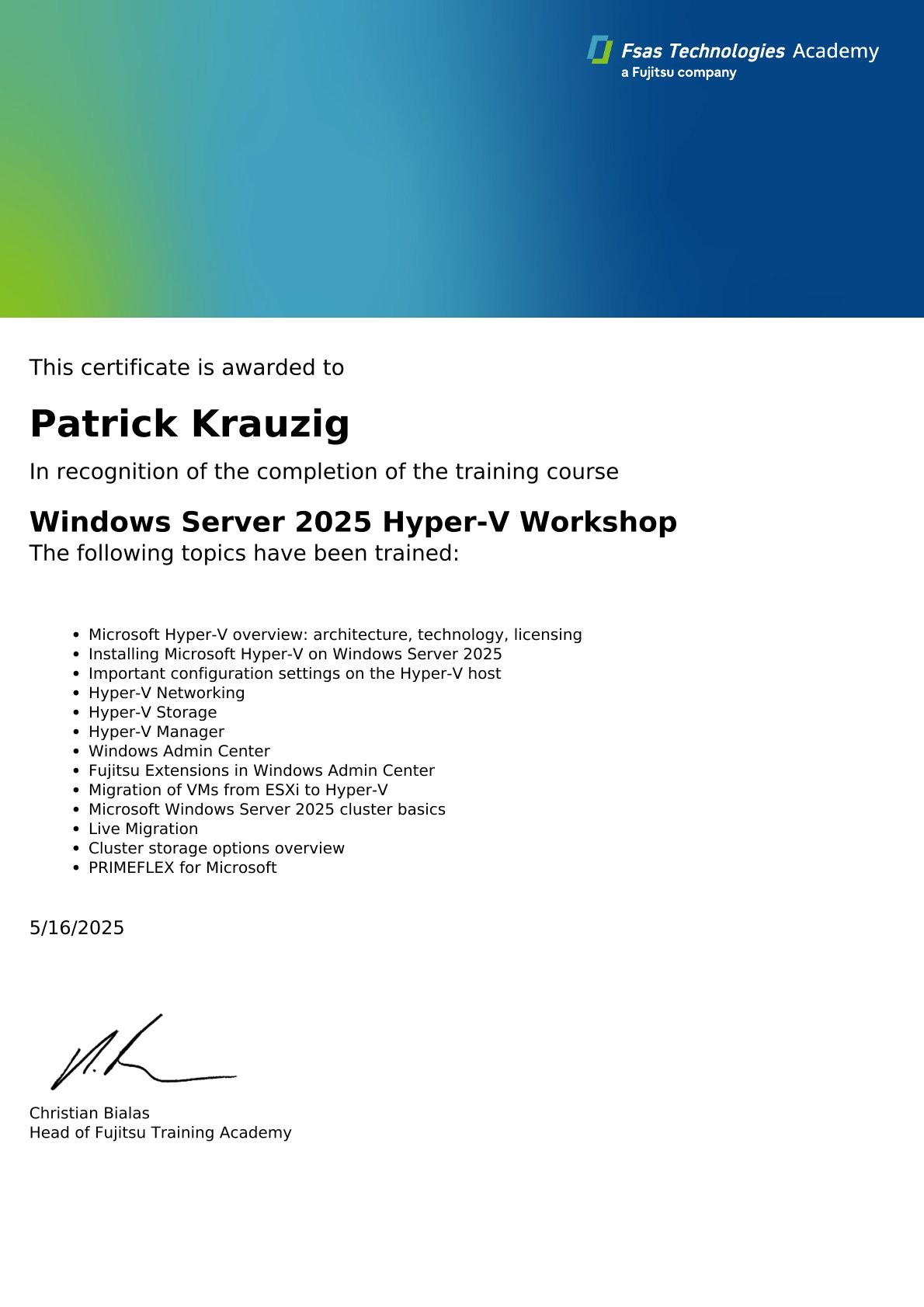Fujitsu Windows Server Hyper-V Zertifikat, 2025