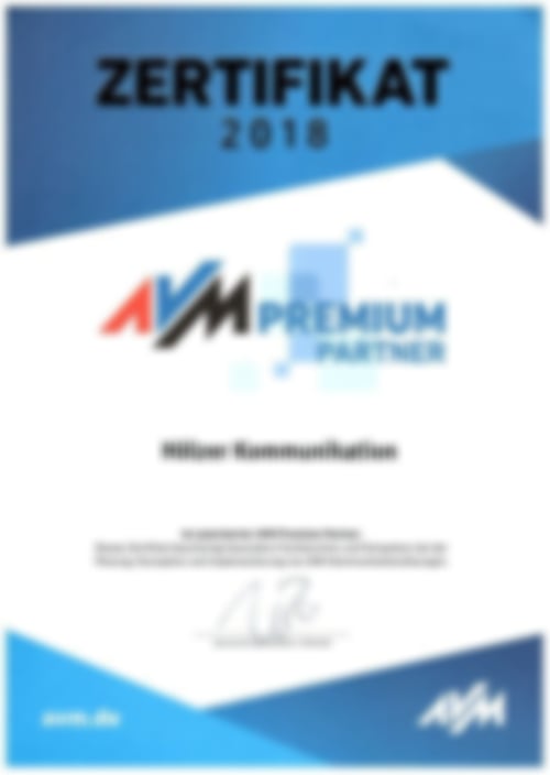 AVM Premium Partner Zertifikat 2018 der Firma Hölzer Kommunikation