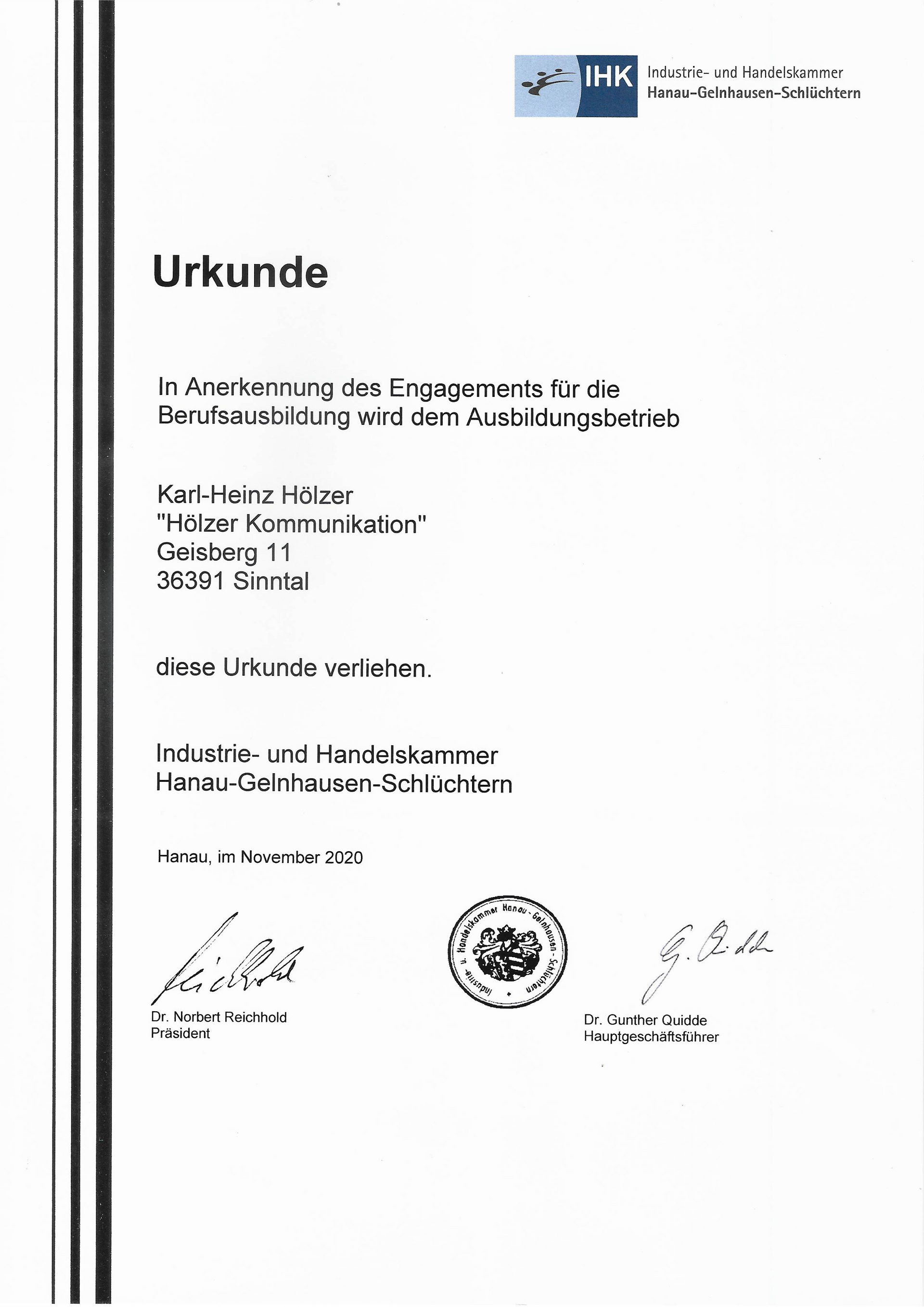 IHK Urkunde, 2020
