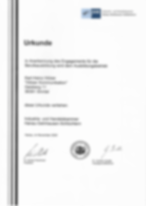 IHK Urkunde zur Anerkennung des Engagement für die Berufsausbildung 2020 der Firma Hölzer Kommunikation