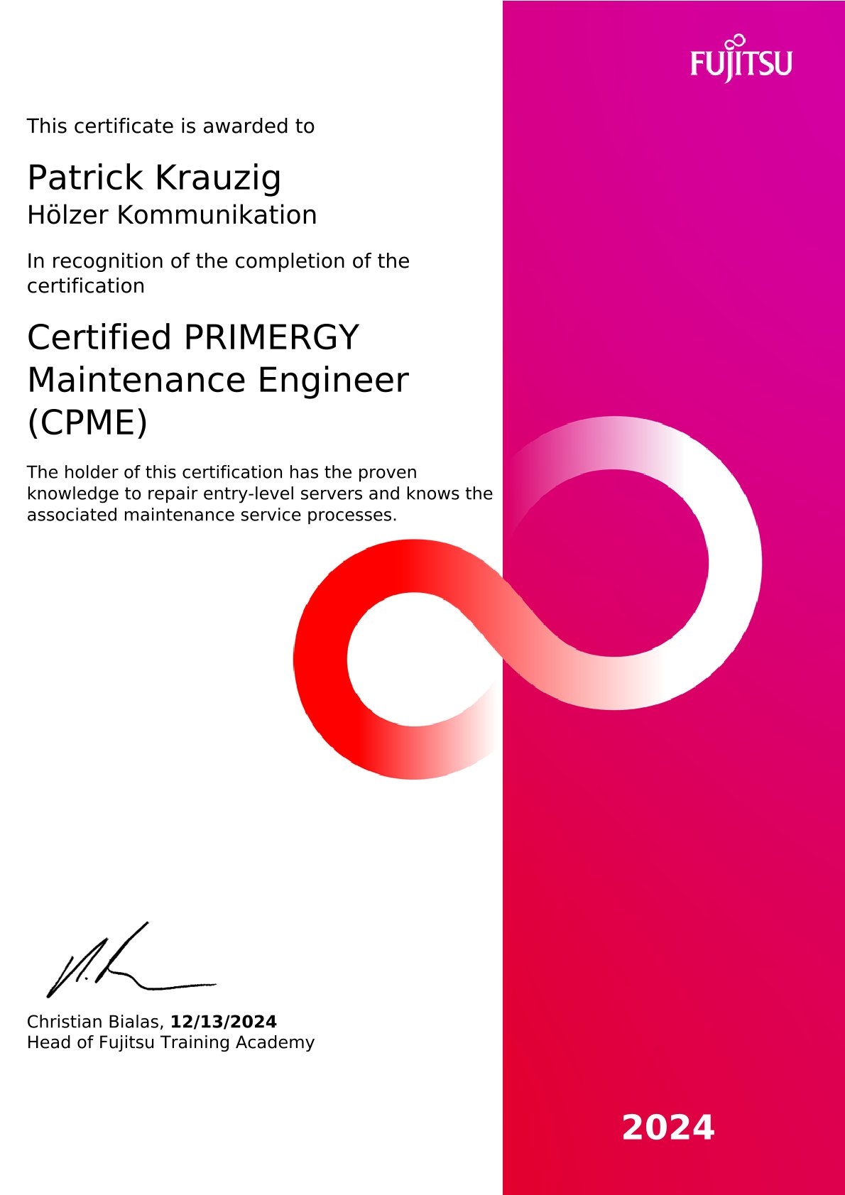 FUJITSU Certified PRIMERGY Maintrance Engineer, 2024