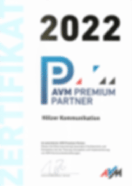 AVM Premium Partner Zertifikat 2022 der Firma Hölzer Kommunikation