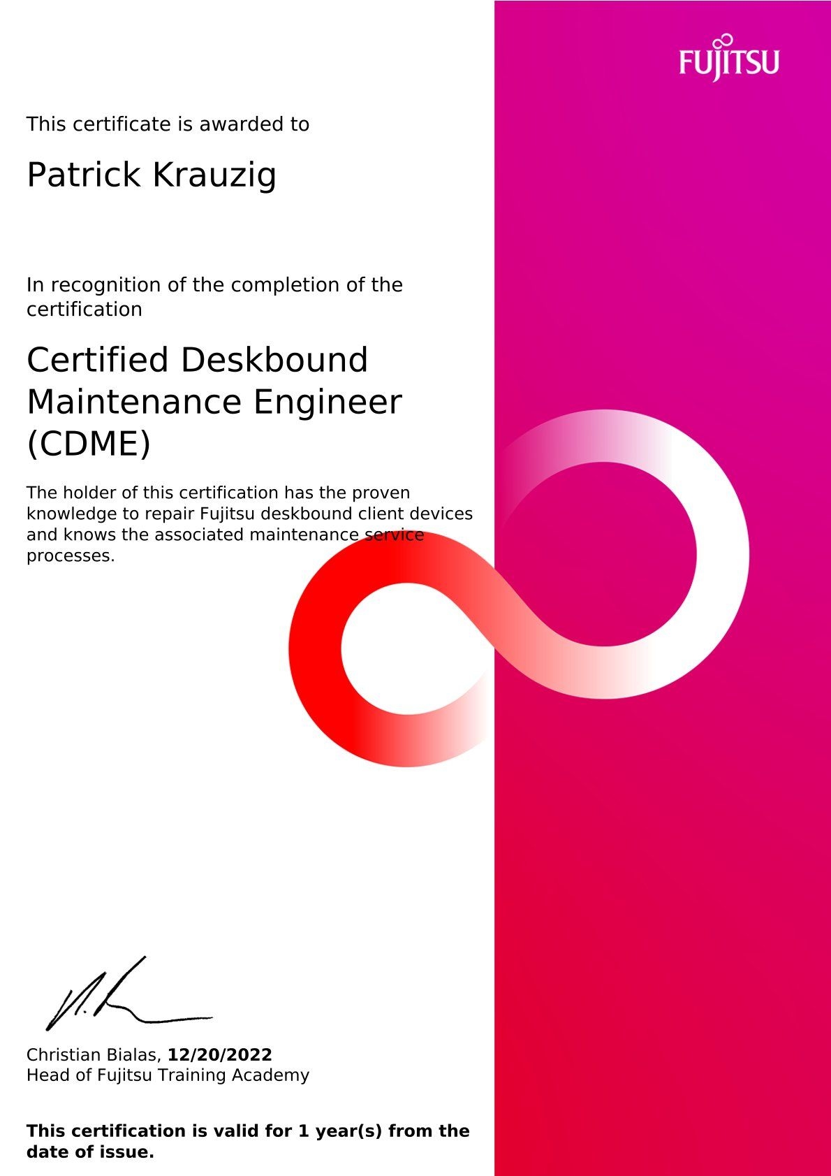 FUJITSU Certified Deskbound Maintrance Engineer, 2022