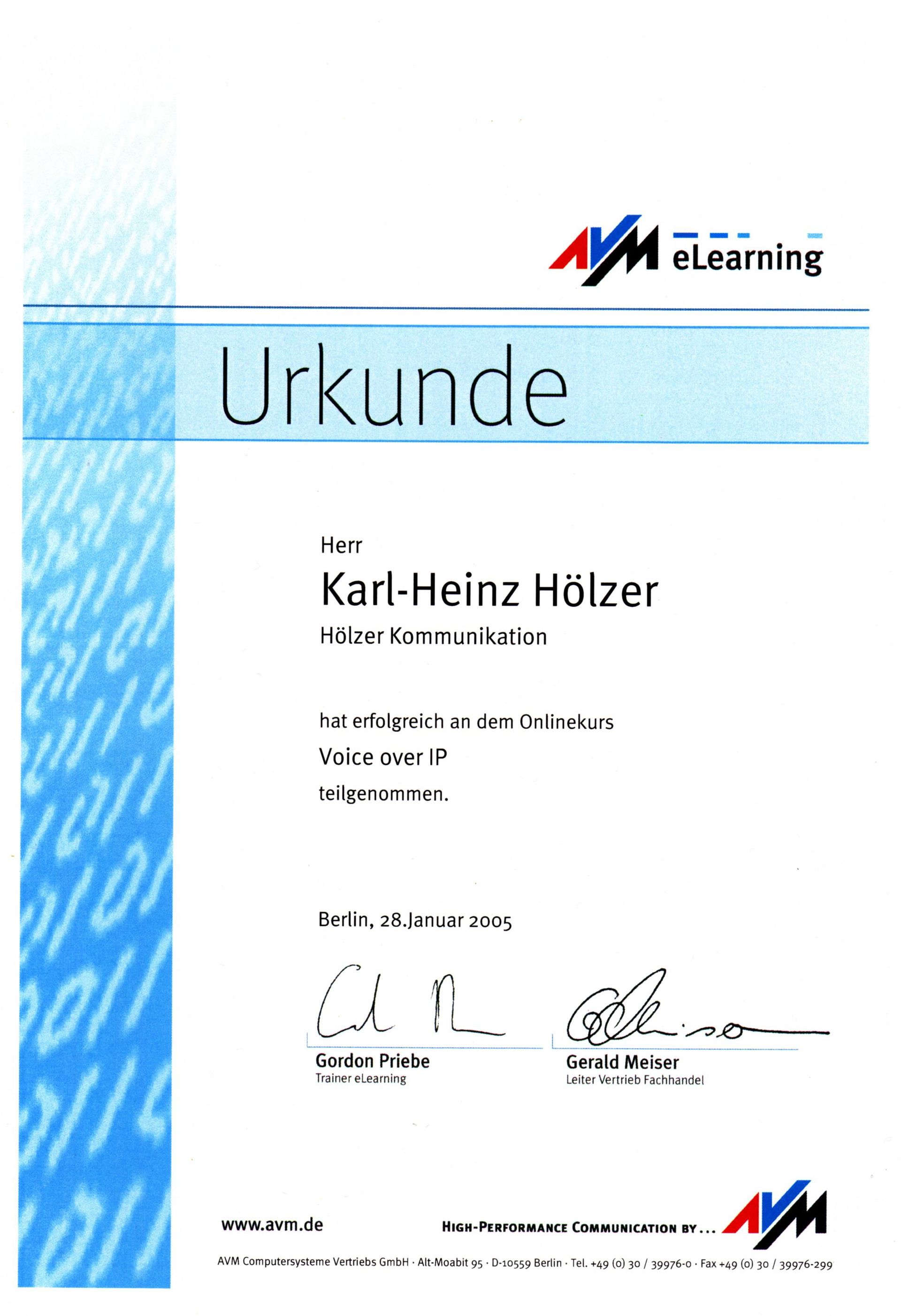 AVM Onlinekurs Voice over IP Urkunde, 2005