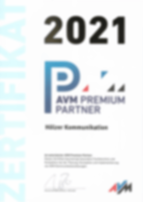 AVM Premium Partner Zertifikat 2021 der Firma Hölzer Kommunikation