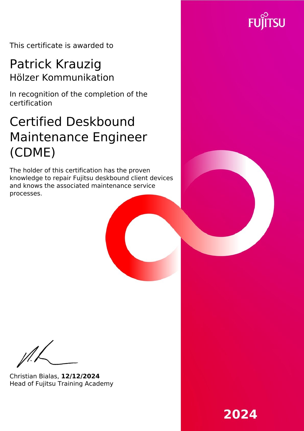 FUJITSU Certified Deskbound Maintrance Engineer, 2024