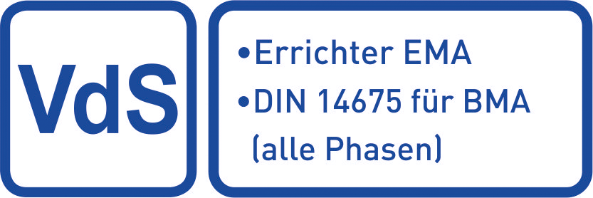 Logo VdS-Zertifizierung: Errichter EMA, DIN 14675 für BMA (alle Phasen)